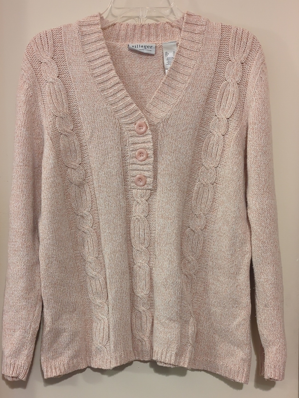 villager Light Blush Cable-Knit V-Neck Button Cardigan